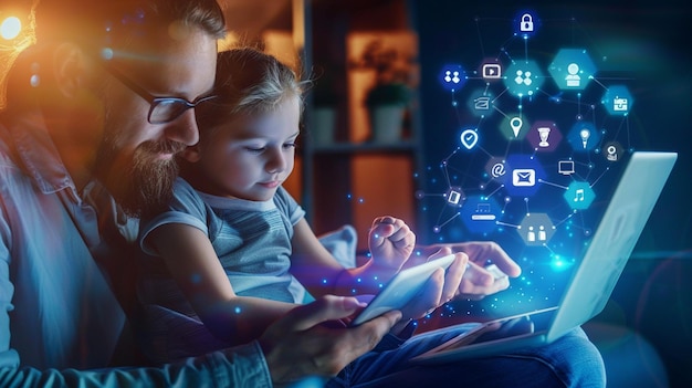 Foto de un padre y un hijo sentados uno al lado del otro participando juntos en una actividad digital