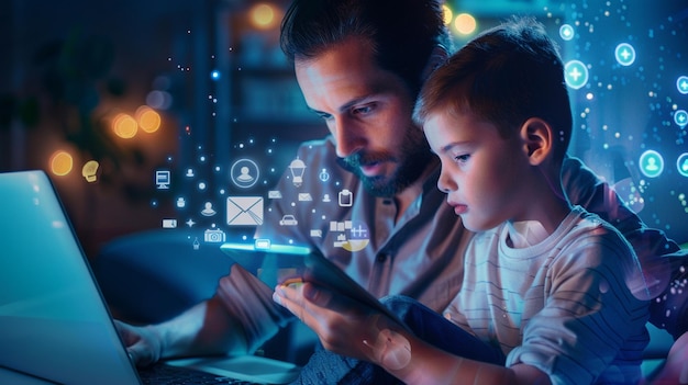 Foto de un padre y un hijo sentados uno al lado del otro participando juntos en una actividad digital