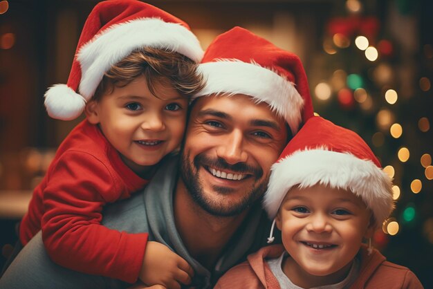 Foto de padre con niños con sombreros de Papá Noel Foto de alta calidad