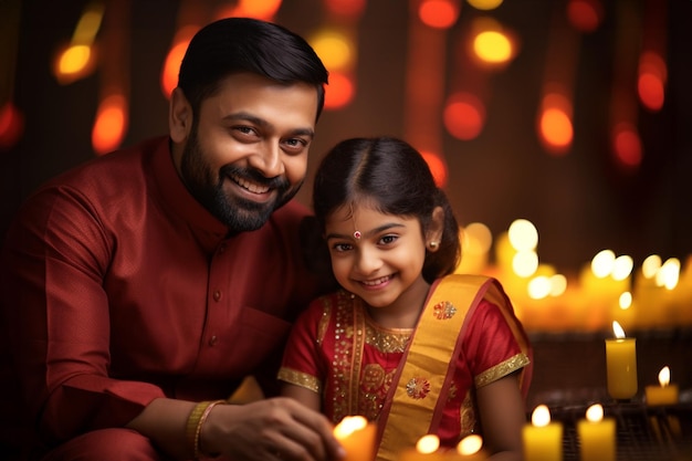 Una foto de un padre y su hija vestidos con ropa india celebrando el festival hindú de Diwali.