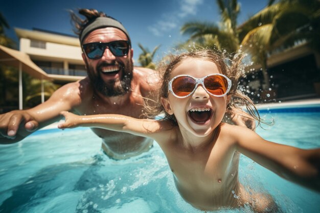 Foto foto pai e filha se divertindo na piscina férias de verão e conceito de férias