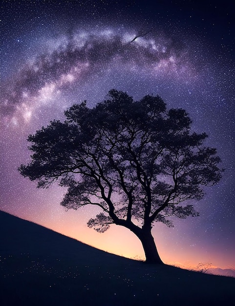 foto paisagem 3d com silhueta de árvore contra um céu espacial noturno gerada por IA