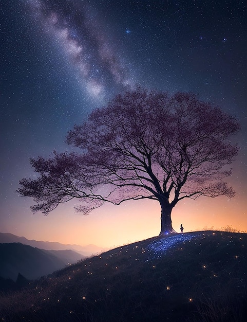 Foto paisaje en 3D con silueta de árbol contra un cielo espacial nocturno generado por IA