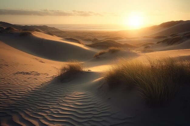 Foto de paisaje al atardecer de dunas de arena junto a la playa AI generativa