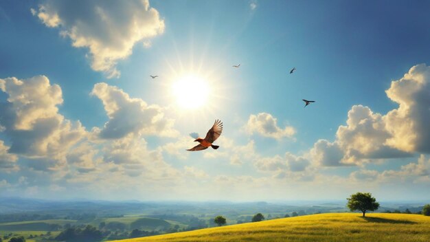 Una foto de paisaje de cielo soleado limpio con pájaros volando en el fondo de la naturaleza del cielo