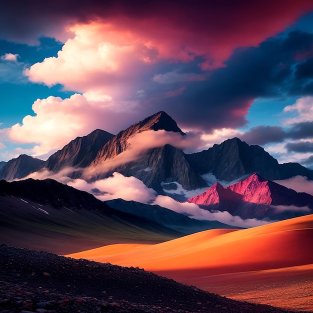 Foto un paisaje colorido con una montaña y un cielo con nubes generado por ai