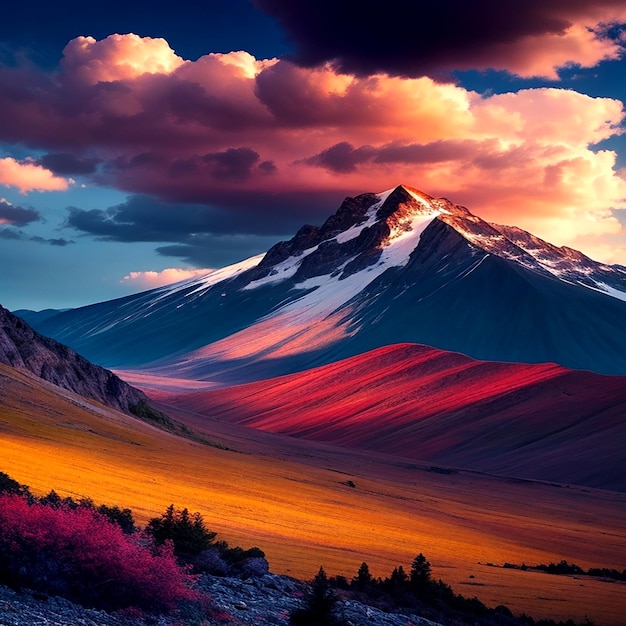 Foto un paisaje colorido con una montaña y un cielo con nubes generado por ai
