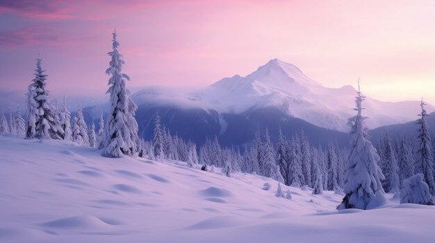 Una foto de un paisaje cubierto de nieve al amanecer con tonos rosados y púrpuras suaves