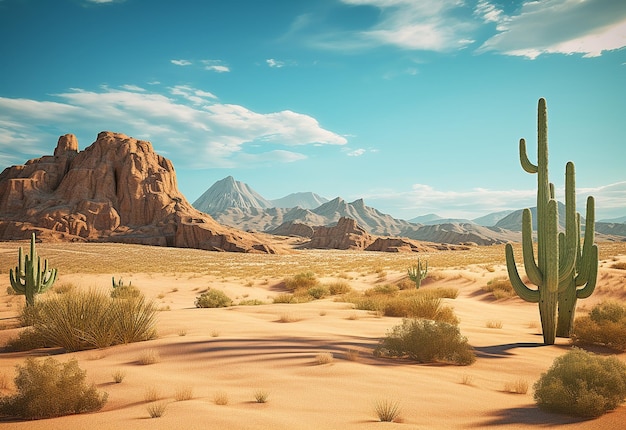 Foto de un paisaje desértico a la luz del sol con plantas de cactus Cactus