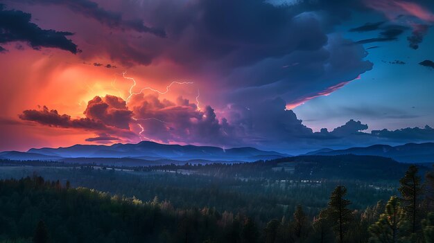 Foto una foto de paisaje dramático de una tormenta eléctrica rodando sobre una cordillera