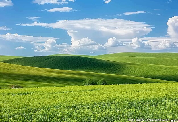 Foto de paisaje de hierba de campo verde y cielo azul con día soleado