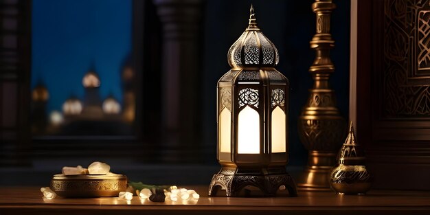 Foto de paisaje de una linterna islámica con una mezquita en el fondo para Eid ul fitr y Ramadán Mubarak