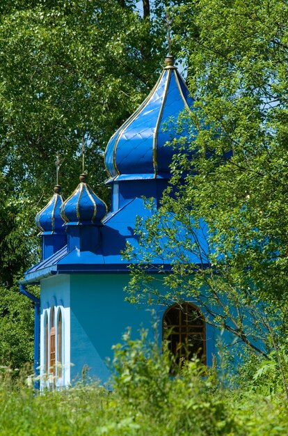 Foto paisaje montañas de los Cárpatos y árboles junto a una pequeña iglesia ortodoxa contra el cielo