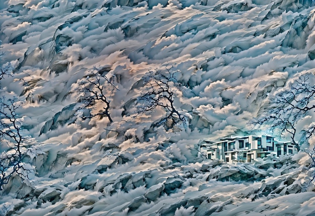 Foto de un paisaje montañoso nevado con una encantadora casa enclavada en la nieve