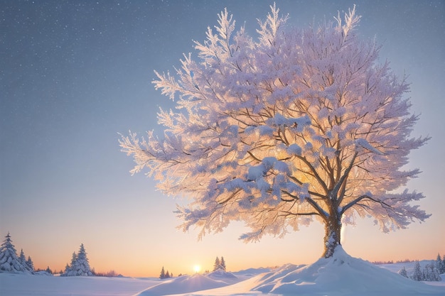 una foto de un paisaje nevado con árboles y luz solar detrás de él