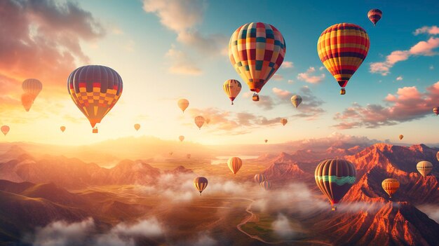 Una foto de un paisaje pintoresco con un grupo de globos de aire caliente