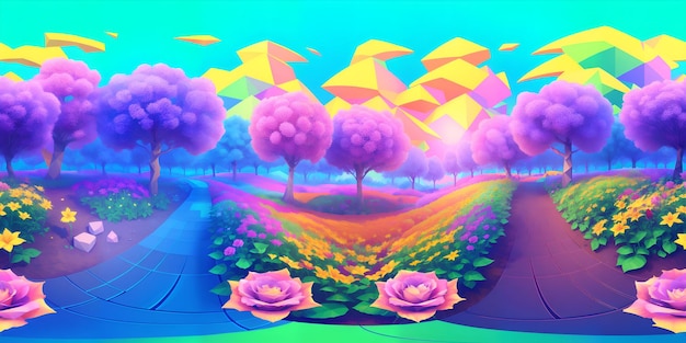 Foto de un paisaje vibrante con árboles frondosos y flores en flor.