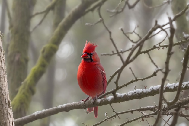 Foto de pájaro cardenal rojo esperando en su nido en el bosque