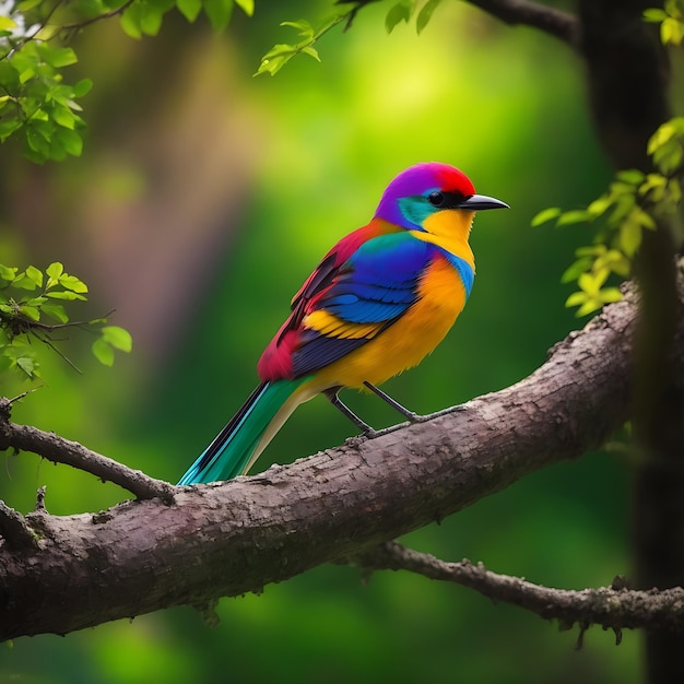 Foto de un pájaro colorido sentado en una rama en el bosque generado por ai