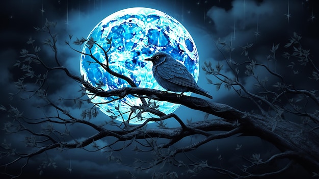 Foto de pájaro en una rama en la noche y al atardecer con la naturaleza
