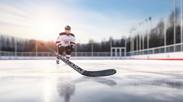 Una foto de un palo de hockey y un disco en una pista de hielo