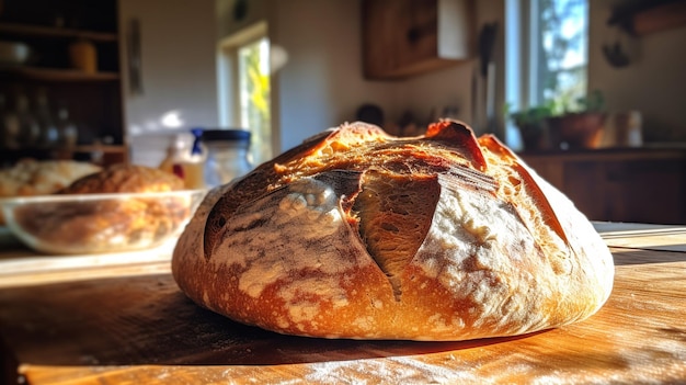 Foto foto del pan de masa fermentada rústico enfriándose en un kit de madera