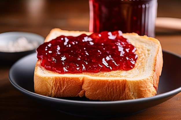 Foto pan de trigo entero casero con mermelada de fresa y fresa generada por Ai