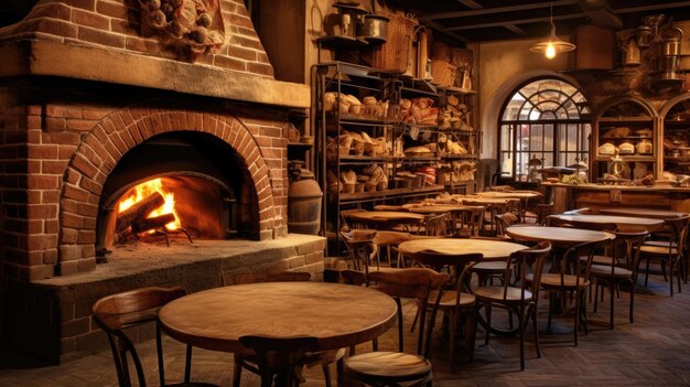 Una foto de una panadería antigua con un horno de ladrillo y una iluminación interior cálida