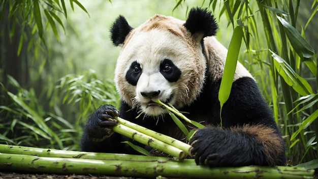 Foto foto de un panda comiendo caña de azúcar en el bosque