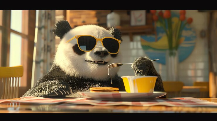 Foto una foto de un panda con gafas de sol comiendo panqueques con un tenedor el panda está sentado en una mesa en una cocina moderna