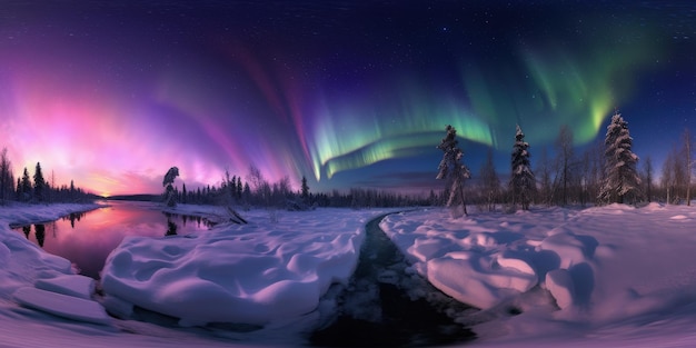 Foto panorâmica 360 VR de uma cena de inverno com a aurora boreal acima dela