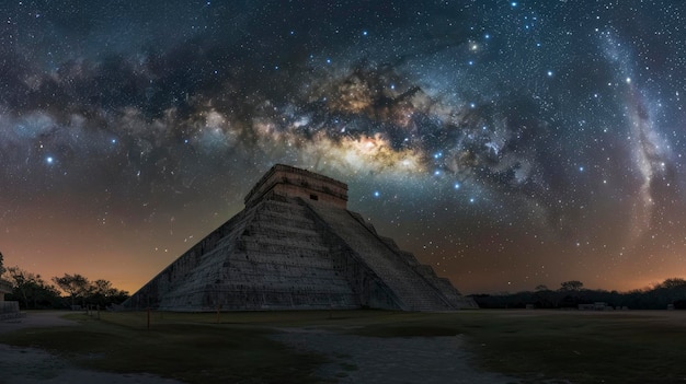 Foto foto panorámica de chichen itza por la noche con la galaxia de la vía láctea en el cielo