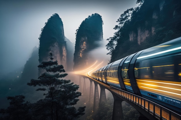 Foto panorâmica de longa exposição de trem futurista correndo pela montanha