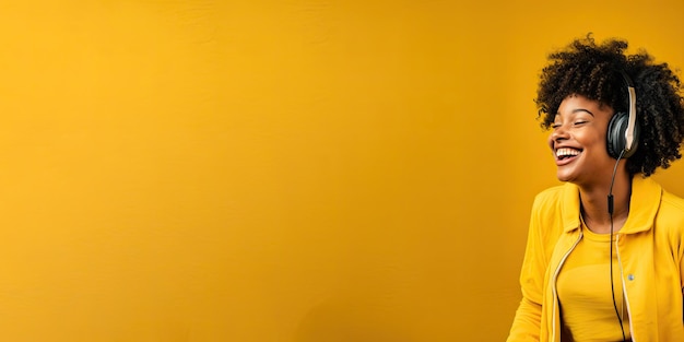Foto foto panorâmica de uma mulher feliz ouvindo música com fones de ouvido na parede amarela copy space