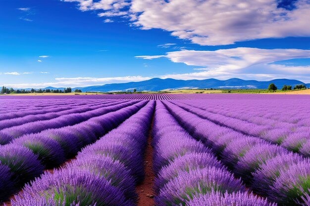 Una foto panorámica de un vasto campo de lavanda en plena floración.