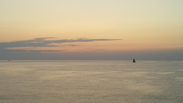 Foto panorámica de las velas de velero en el mar al atardecer