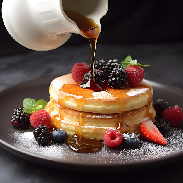 Foto de panqueque japonés esponjoso muy delicioso con miel y bayas