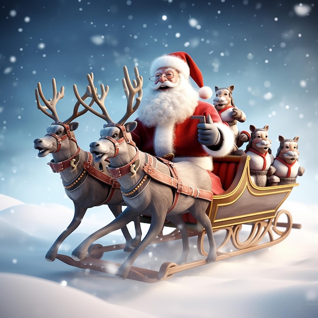 Foto de Papá Noel montando en trineo con ciervos y caja de regalo