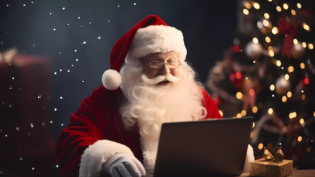 Foto de Papá Noel sentado y usando una computadora portátil para hacer pedidos en línea