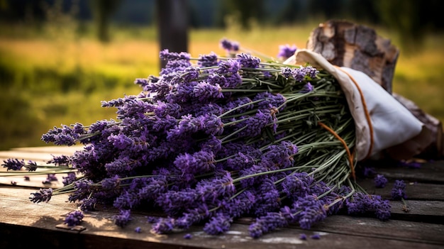 Una foto de un paquete de lavanda recién cortada en una granja