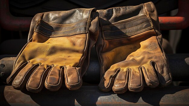 Una foto de un par de guantes de trabajo bien usados en un asiento de equipo agrícola