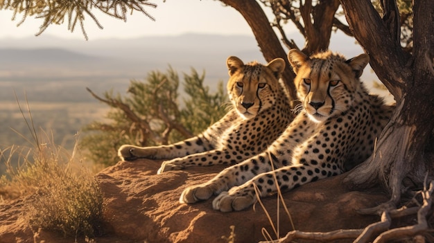 Una foto de un par de guepardos descansando a la sombra de un árbol con afloramientos rocosos en el fondo