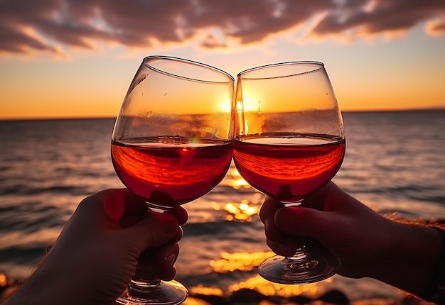 Foto de un par de manos sosteniendo copas de vino en la naturaleza nocturna