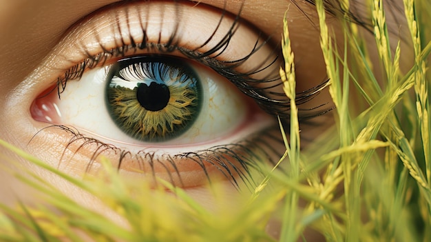 Una foto de un par de ojos verdes con un fondo de pradera.