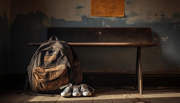 Foto una foto de un par de zapatos de niño desgastados al lado de un bolso escolar