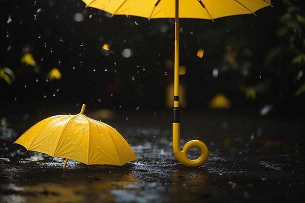 Foto paraguas amarillo bajo gotas de lluvia con fondo negro concepto de moda y negocios