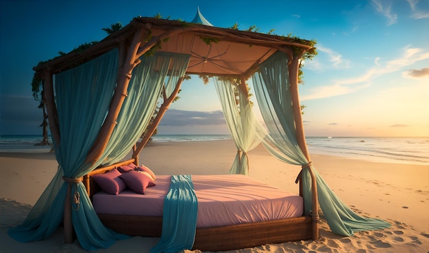 Foto de un paraíso frente al mar con una cama con dosel de ensueño