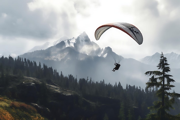 Foto de parapente en la montaña de la niebla