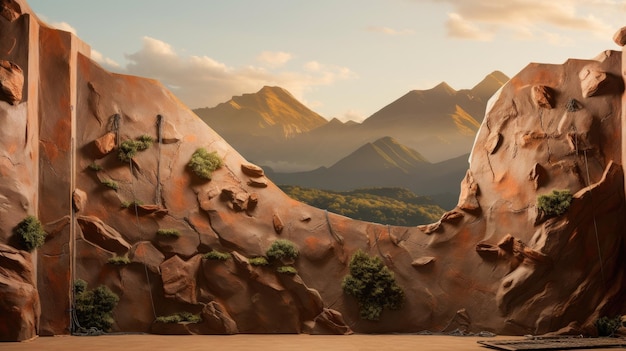 Una foto de una pared de escalada con una luz de amanecer en el fondo de la montaña