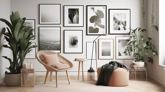 Una foto de la pared de una galería minimalista con obras de arte en blanco y negro